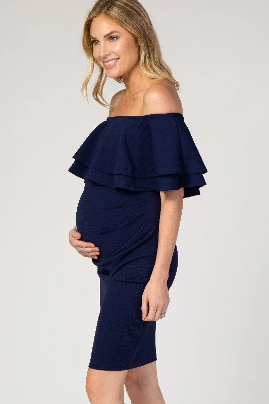 navy-ruffle-off-shoulder-ruched-maternity-dress