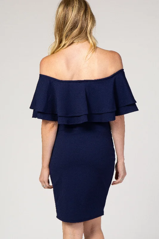 navy-ruffle-off-shoulder-ruched-maternity-dress