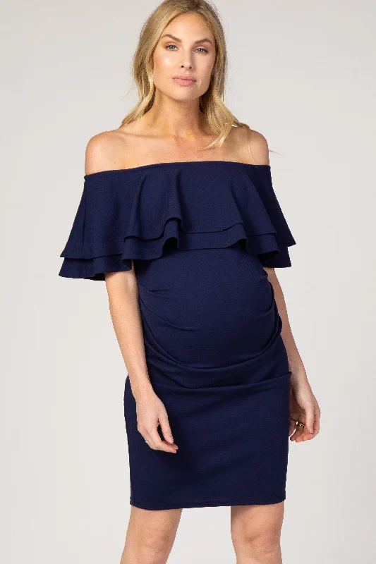 navy-ruffle-off-shoulder-ruched-maternity-dress