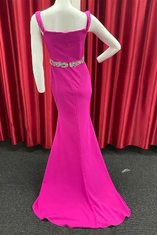 neon-pink-sweetheart-belted-mermaid-long-formal-gown