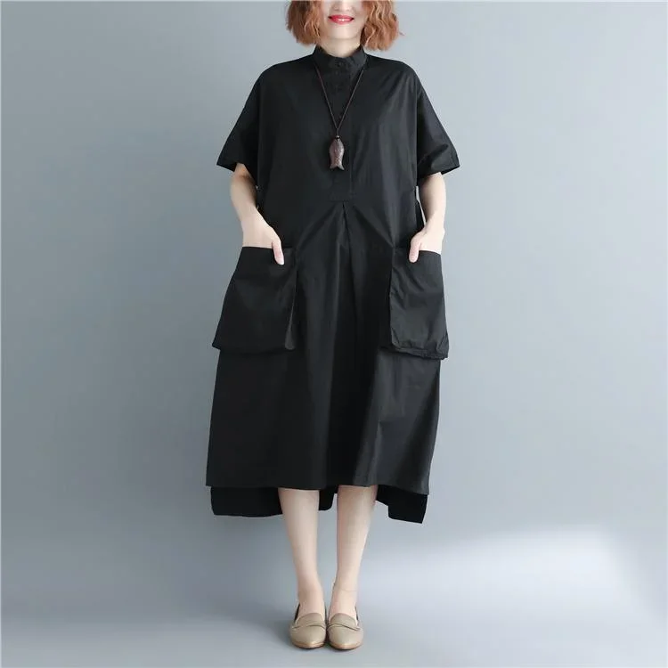 New black cotton dresses Loose fitting Stand baggy dresses traveling clothing New short sleeve pockets maxi dresses