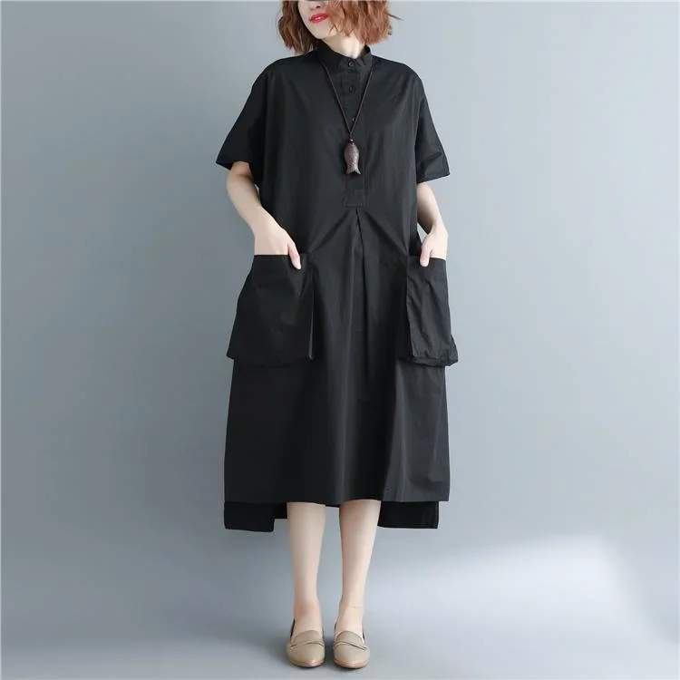 new-black-cotton-dresses-loose-fitting-stand-baggy-dresses-traveling-clothing-new-short-sleeve-pockets-maxi-dresses