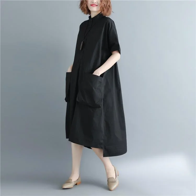 new-black-cotton-dresses-loose-fitting-stand-baggy-dresses-traveling-clothing-new-short-sleeve-pockets-maxi-dresses