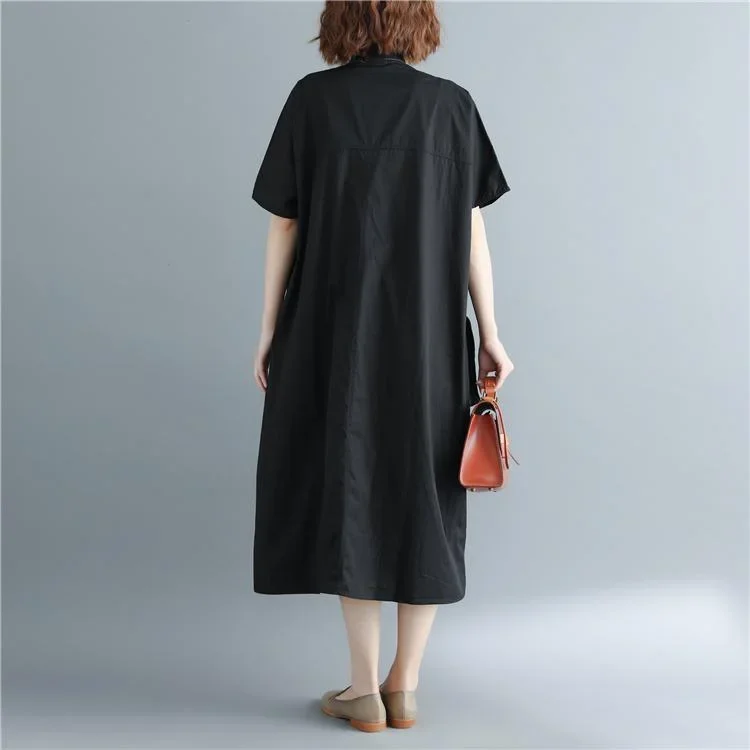 new-black-cotton-dresses-loose-fitting-stand-baggy-dresses-traveling-clothing-new-short-sleeve-pockets-maxi-dresses