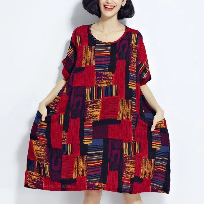 New red prints chiffon dress trendy plus size chiffon clothing dresses New o neck short sleeve midi dress