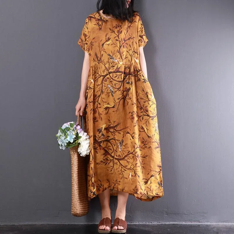 New Summer Yellow Print Linen Dresses Plus Size High Waist Sundress Short Sleeve Maxi Dress