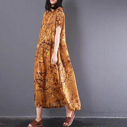 new-summer-yellow-print-linen-dresses-plus-size-high-waist-sundress-short-sleeve-maxi-dress