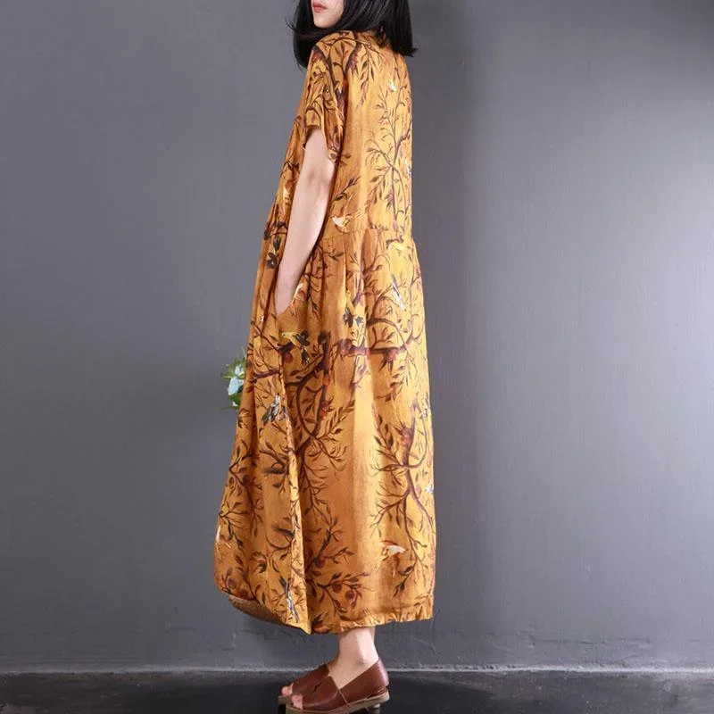 new-summer-yellow-print-linen-dresses-plus-size-high-waist-sundress-short-sleeve-maxi-dress