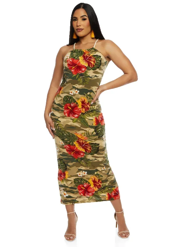 Camo Floral Print Rope Strap Maxi Dress