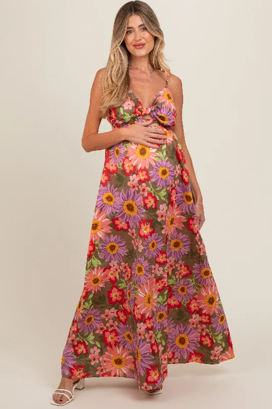 Olive Floral Cutout V-Neck Maternity Maxi Dress