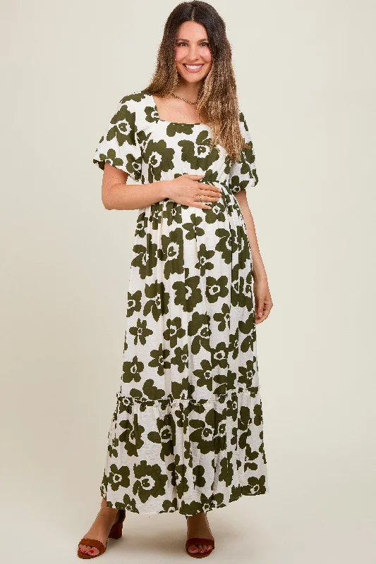 Olive Floral Puff Sleeve Maternity Maxi Dress