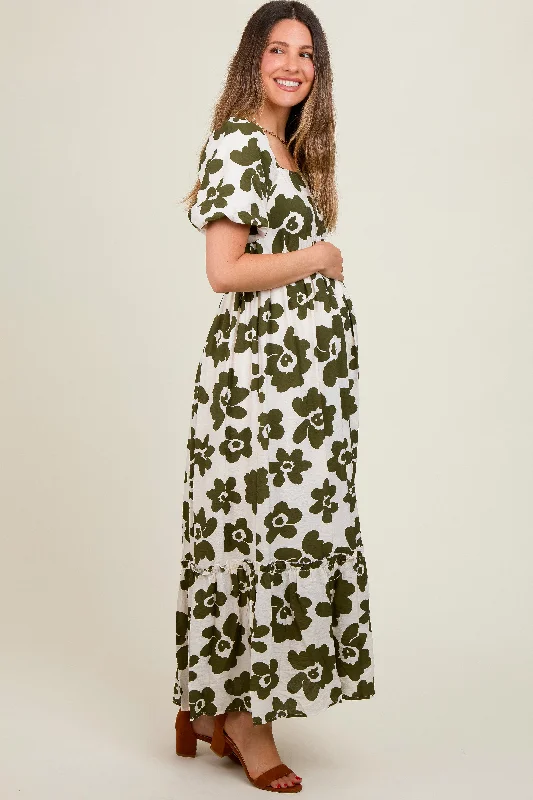 olive-floral-puff-sleeve-maternity-maxi-dress