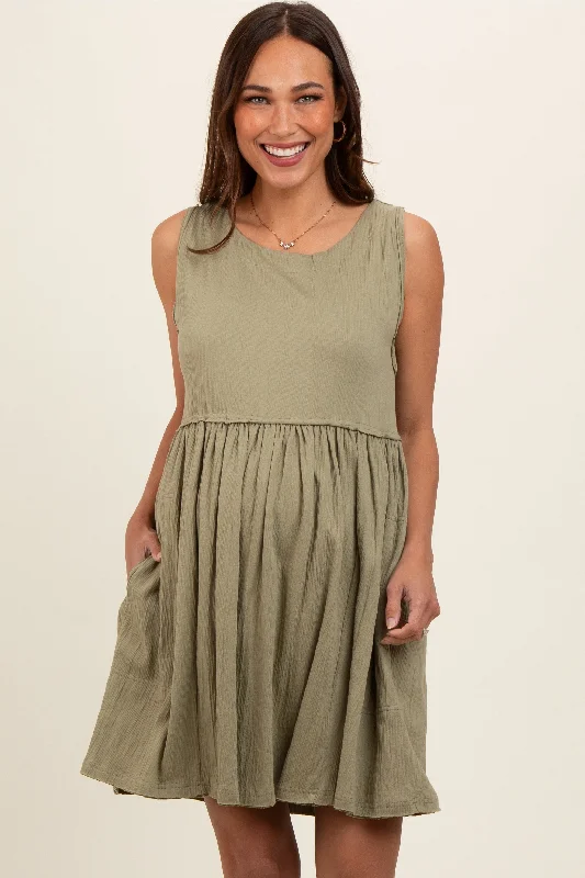 Olive Sleeveless Textured Maternity Dress