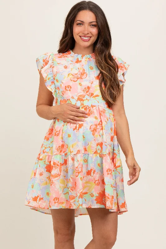 Orange Floral Ruffle Tiered Maternity Dress