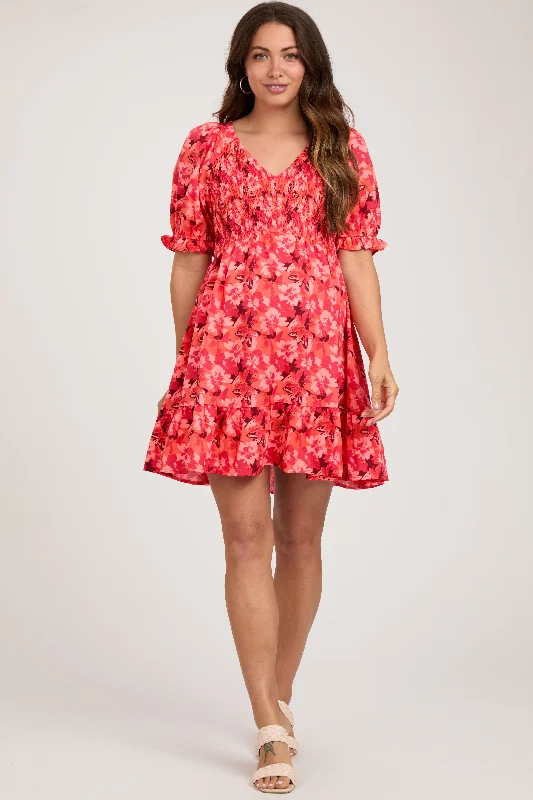 Orange Floral Smocked V-Neck Ruffle Maternity Dress