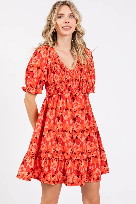 orange-floral-smocked-v-neck-ruffle-maternity-dress