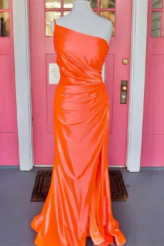 Orange One-Shoulder Ruched Long Prom Dress with Slit