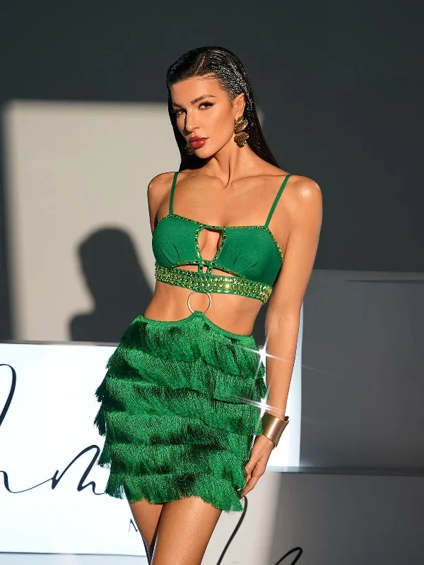 Osiris Rhinestone Cutout Fringe Bandage Dress In Green