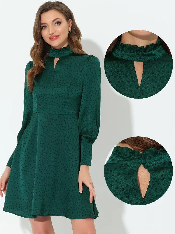 Retro Polka Dot Keyhole Button Cuff Long Sleeve A-line Dress