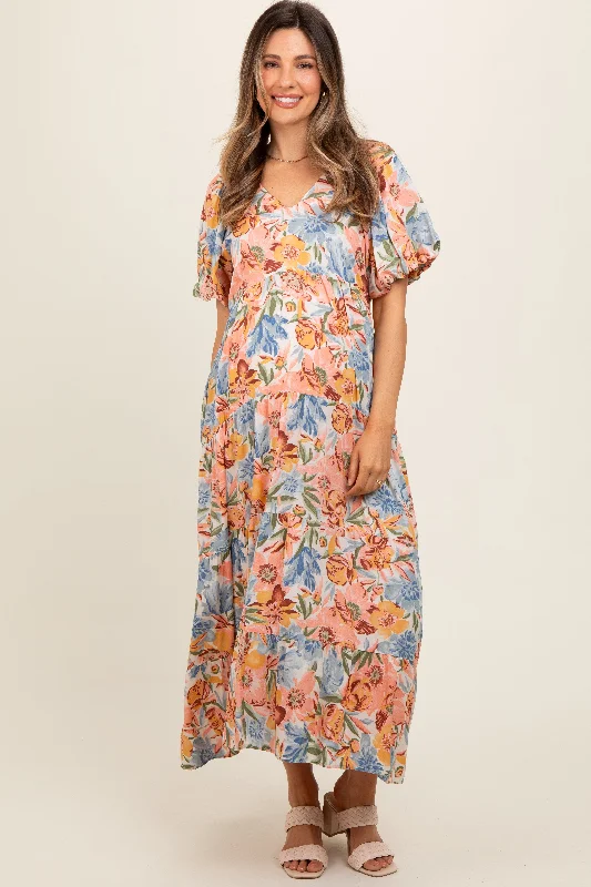 Peach Floral Print Pocketed Maternity Midi Dress