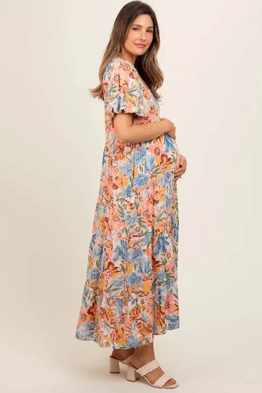 peach-floral-print-pocketed-maternity-midi-dress