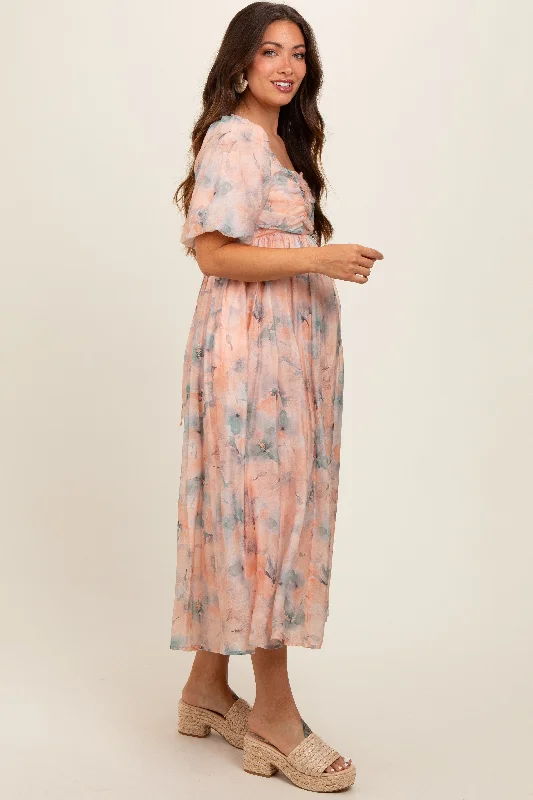 peach-floral-square-neck-short-puff-sleeve-lace-up-back-maternity-midi-dress