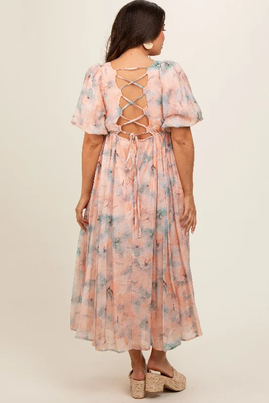 peach-floral-square-neck-short-puff-sleeve-lace-up-back-maternity-midi-dress