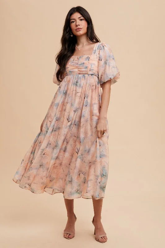 peach-floral-square-neck-short-puff-sleeve-lace-up-back-maternity-midi-dress