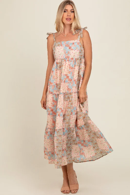 peach-patchwork-print-shoulder-tie-tiered-maternity-midi-dress