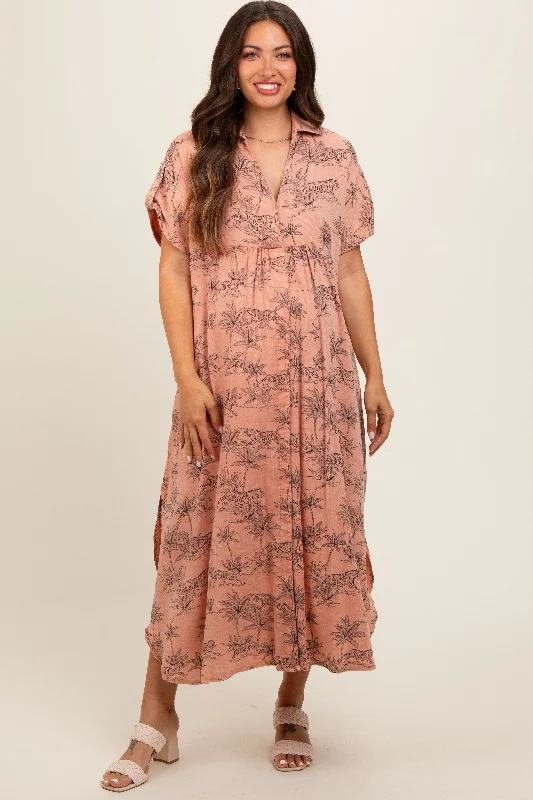 peach-tiger-print-button-front-rounded-hem-maternity-midi-dress