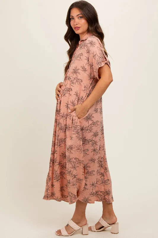 peach-tiger-print-button-front-rounded-hem-maternity-midi-dress