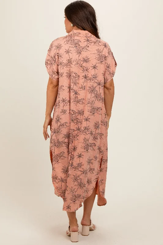 peach-tiger-print-button-front-rounded-hem-maternity-midi-dress