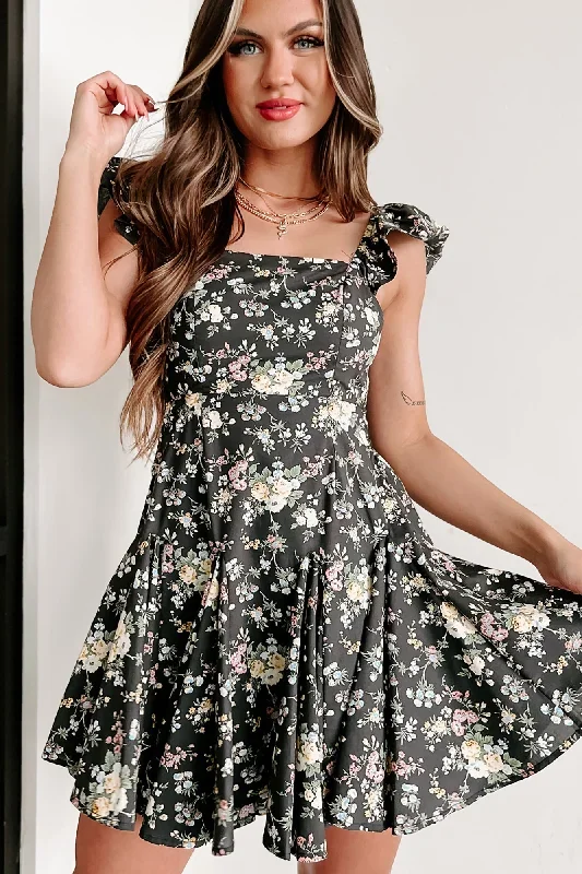 Perfect Lady Floral Open Back Mini Dress (Black)