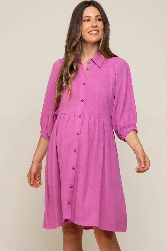 pink-button-down-collared-maternity-dress