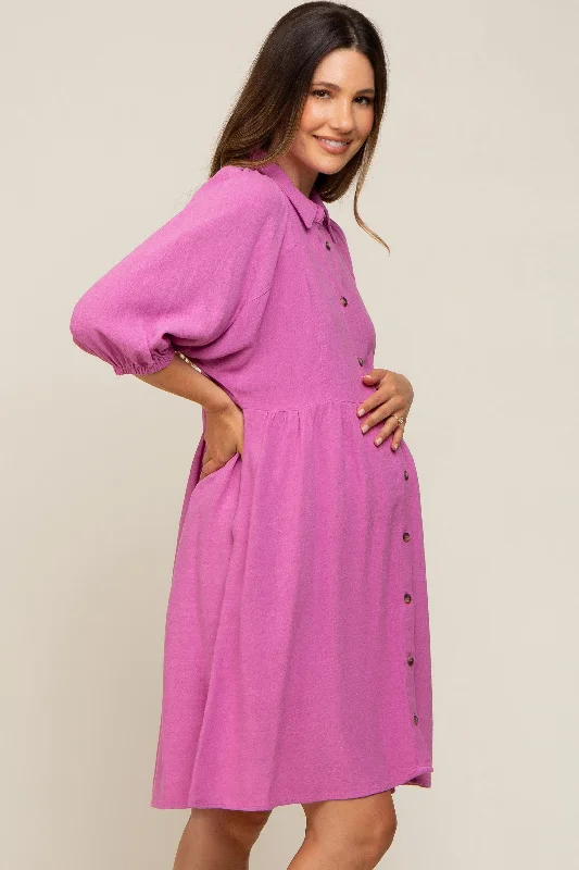 pink-button-down-collared-maternity-dress