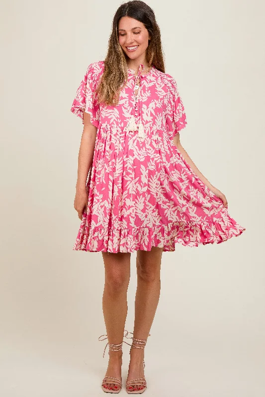 Pink Button Down Pleated Leaf Print Maternity Dress