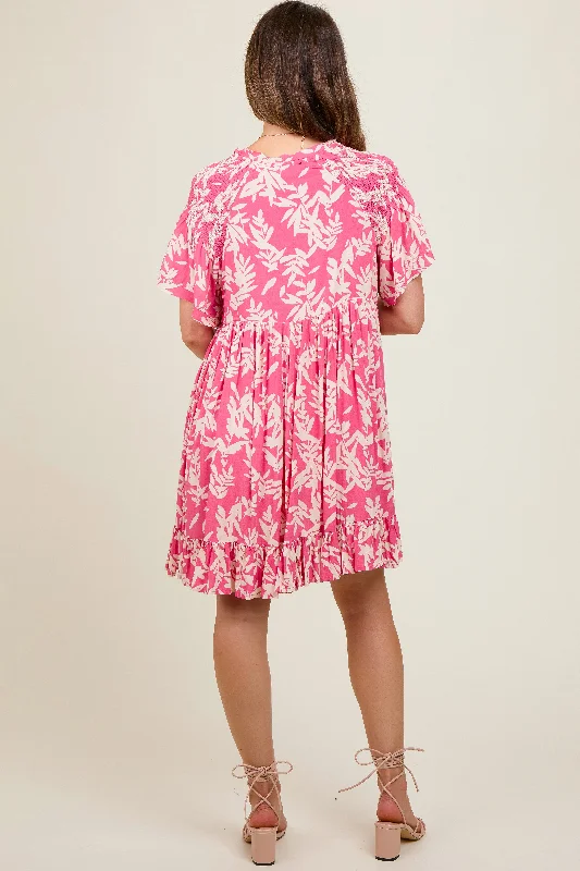 pink-button-down-pleated-leaf-print-maternity-dress