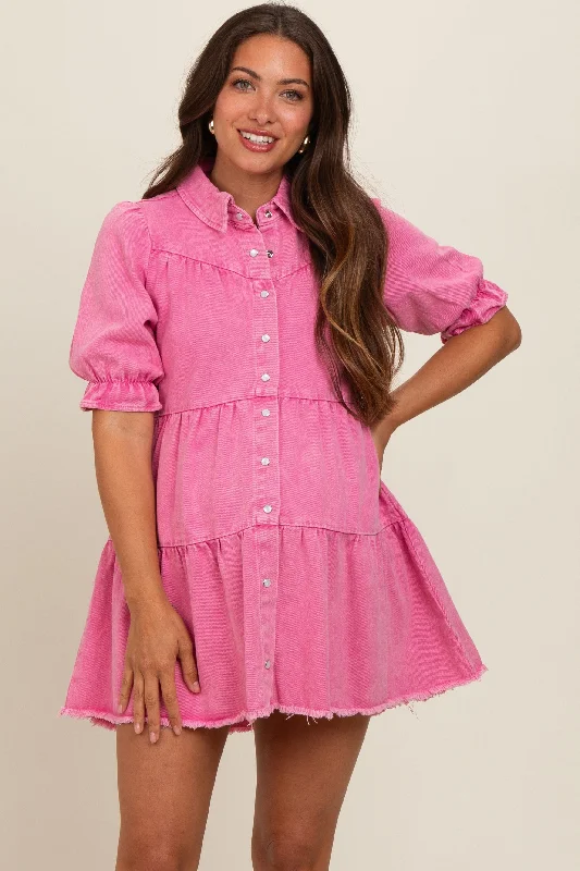 Pink Denim Tiered Button Down Maternity Dress