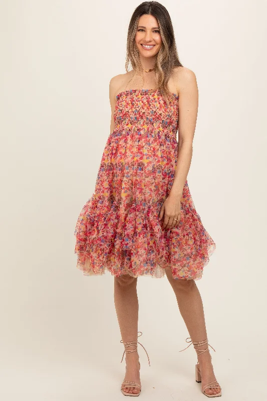 Pink Floral Sleeveless Smocked Ruffle Hem Maternity Dress