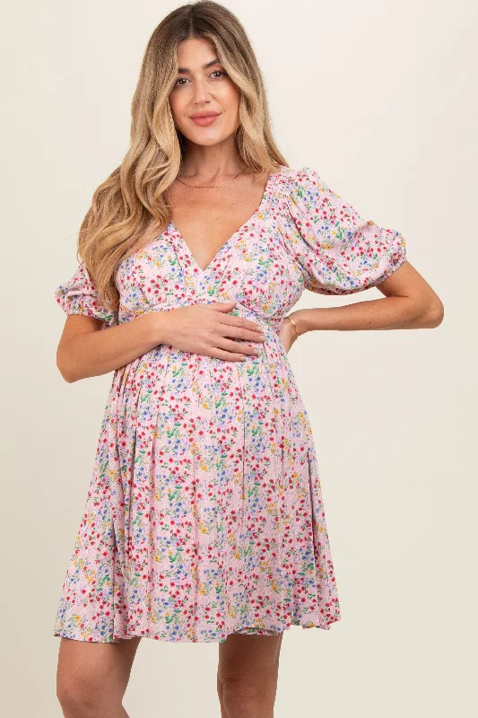 Pink Floral V-Neck Cutout Back Maternity Dress