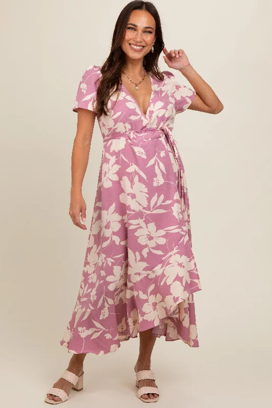 pink-floral-v-neck-high-low-maternity-dress