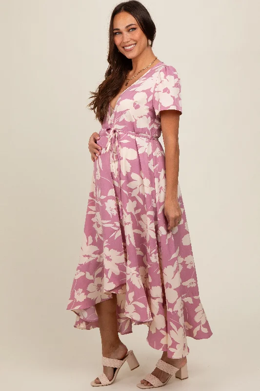 pink-floral-v-neck-high-low-maternity-dress