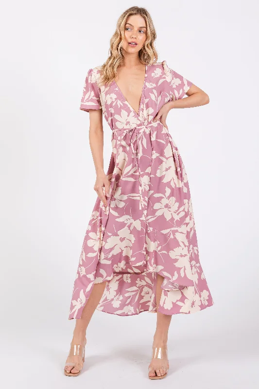 pink-floral-v-neck-high-low-maternity-dress