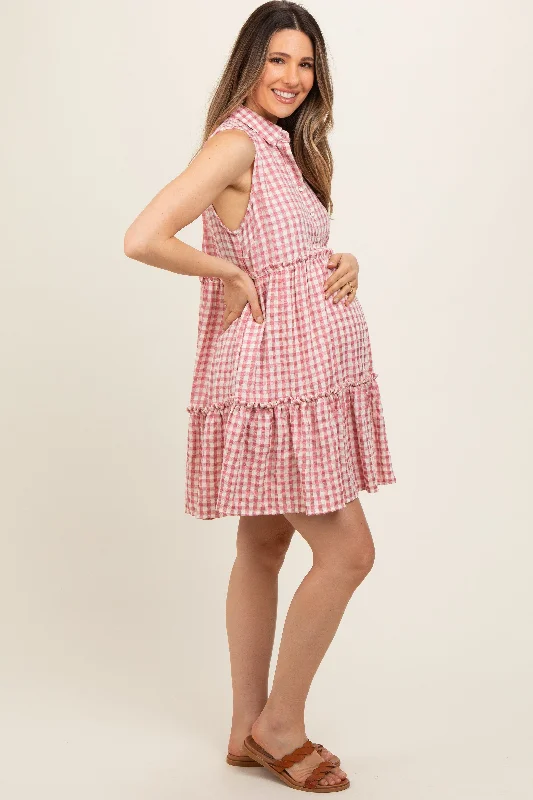 pink-gingham-button-front-collared-maternity-dress