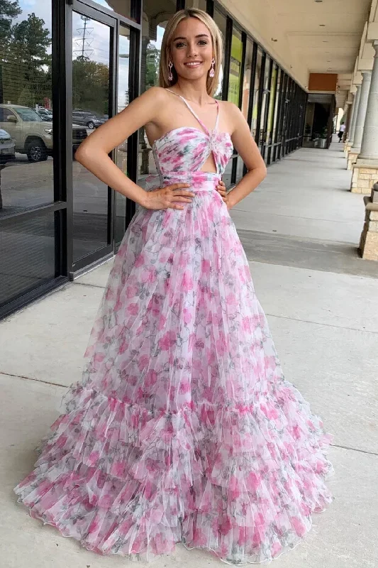 Pink Print Halter Keyhole A-Line Long Prom Dress