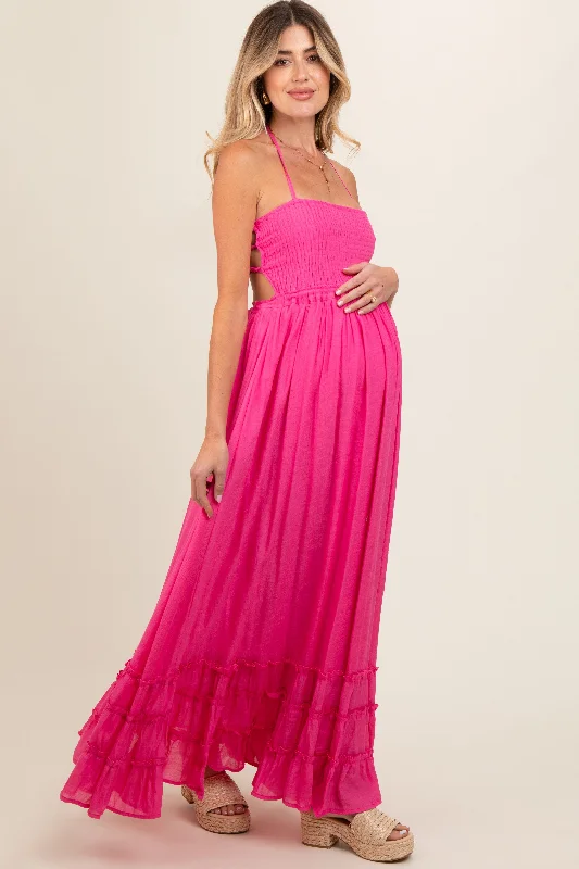 pink-smocked-halter-cutout-maternity-maxi-dress