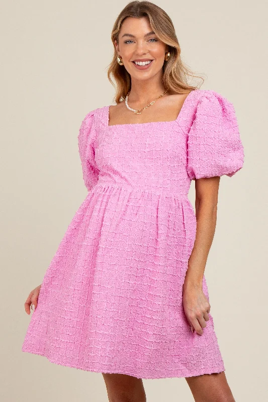 pink-textured-bubble-sleeve-maternity-mini-dress