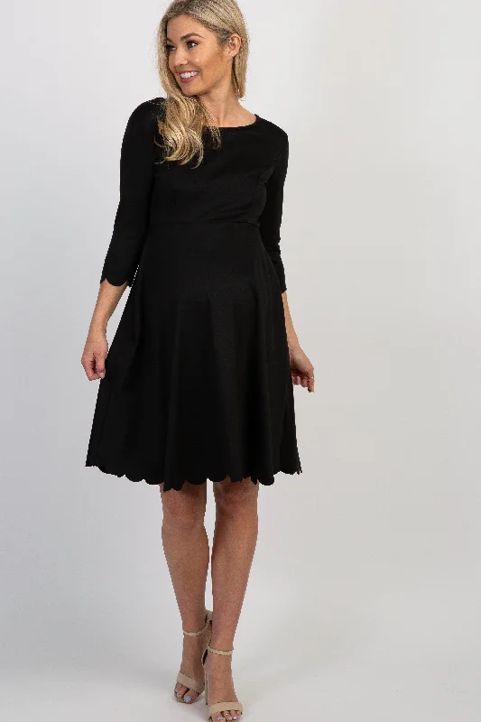 PinkBlush Black Solid Scalloped Hem Maternity Dress