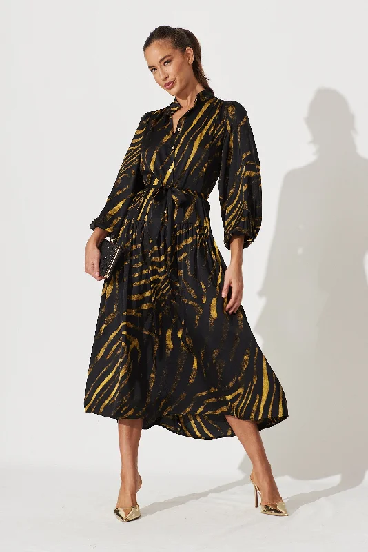 Pippa Maxi Dress In Black With Yellow Print