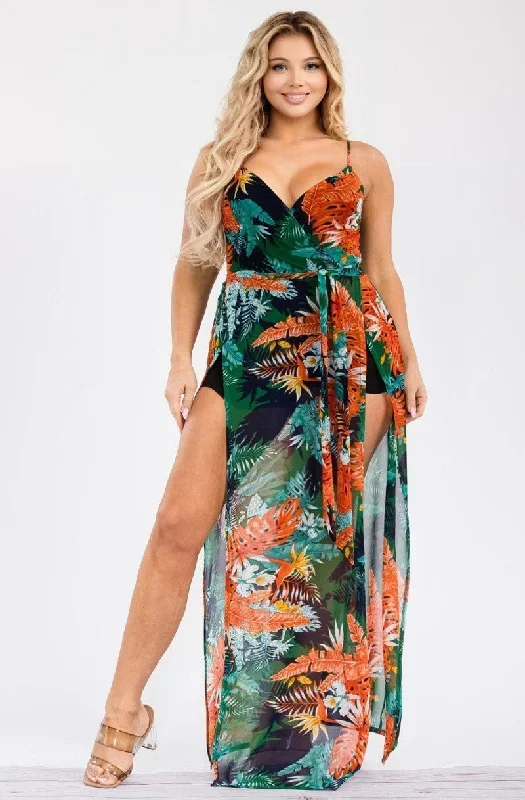 Plus Size Letty  Tropical Print Sun dress- Green